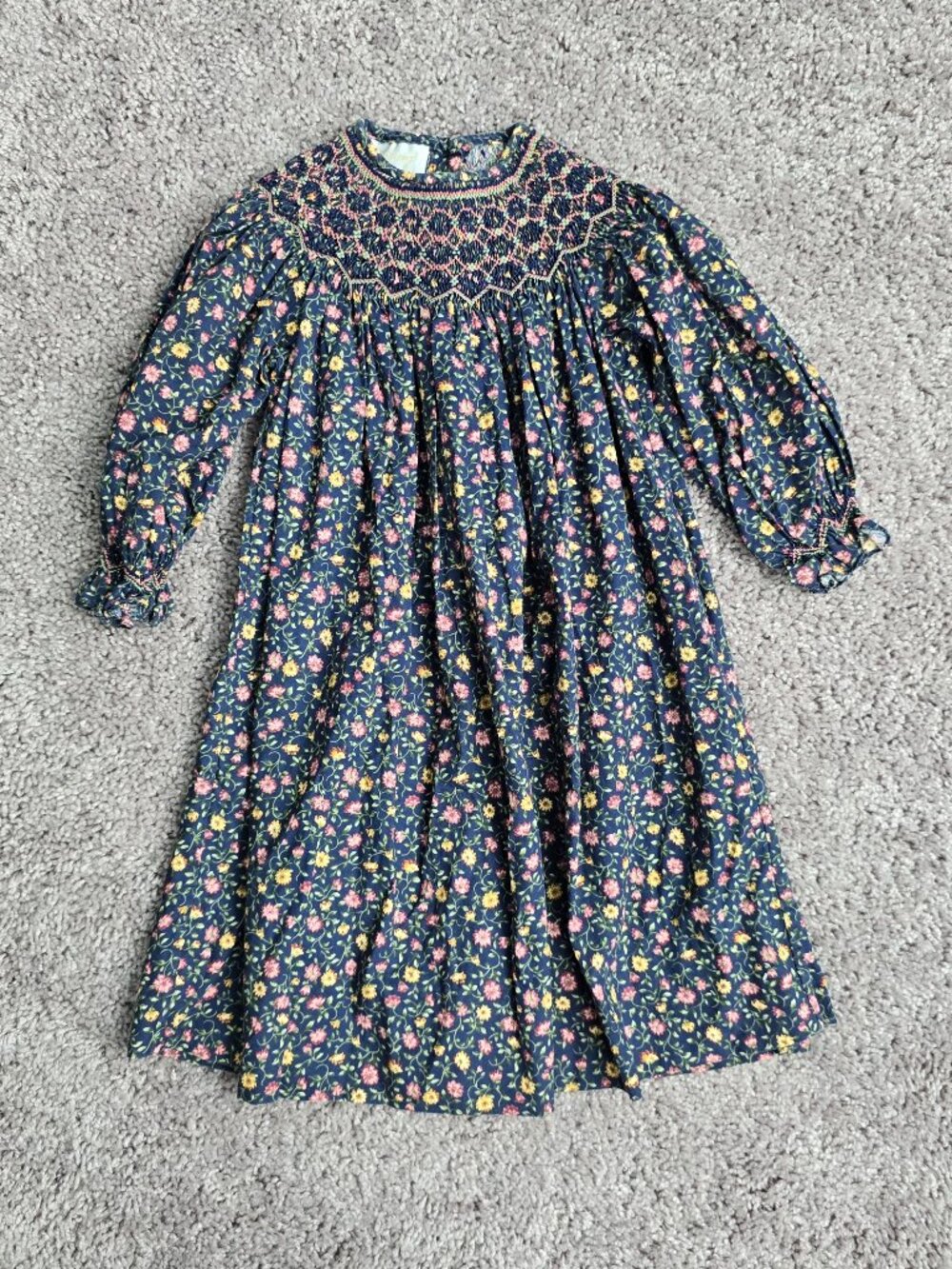 Vintage Strasburg Children Navy Floral Hand Smocked Heirloom Dress Girls 2T